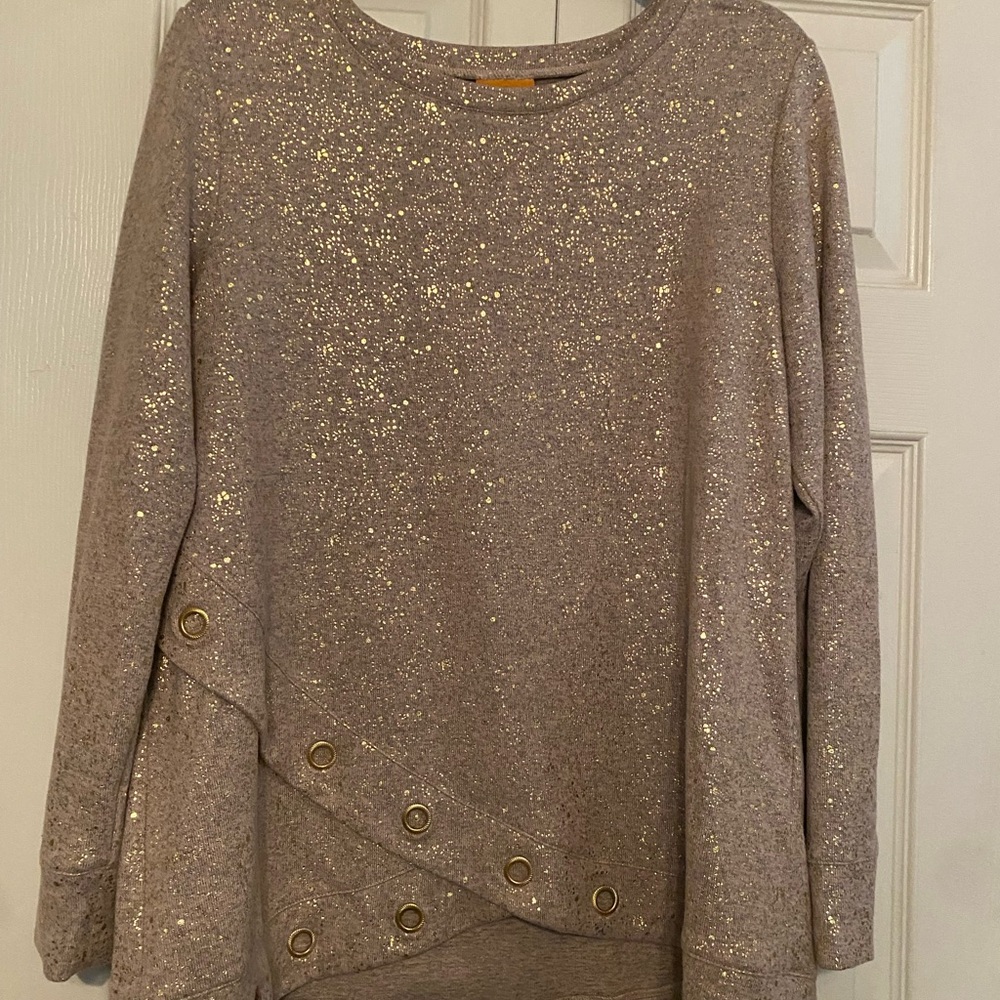 Ruby Rd. Taupe Knit Top with Gold Fleck Detail